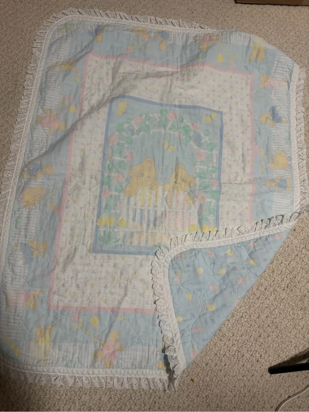 Vintage Pastel Blue Baby Quilt with Teddy Bear Motif